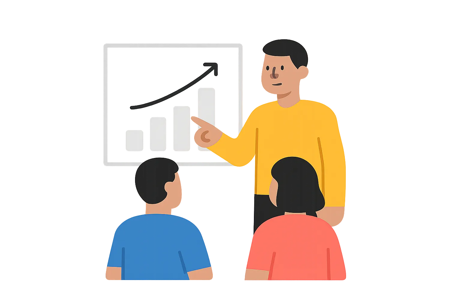 Illustration: Trainer erklärt drei Lernenden Diagramme an einer Tafel