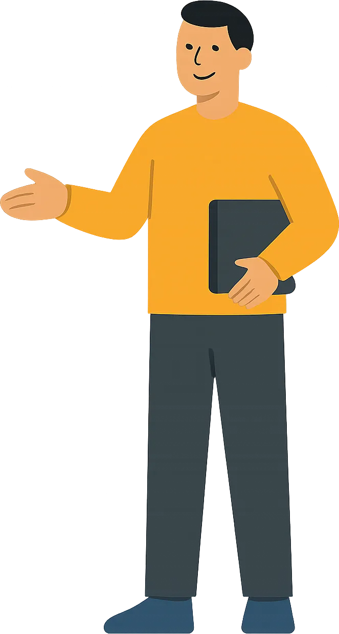 Illustration: Trainer in Bernstein mit Buch