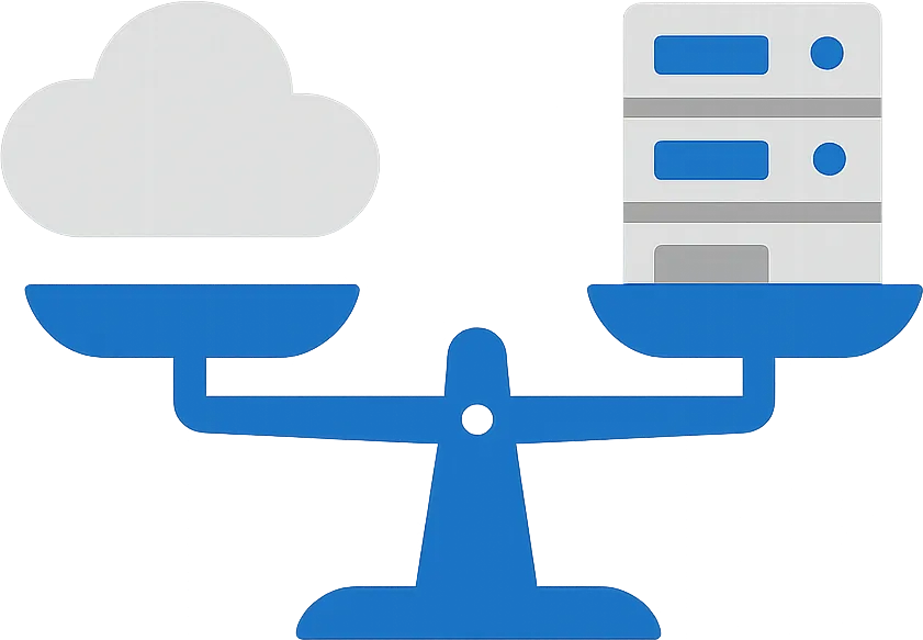 Illustration: Waage mit Wolke und Server-Rack im Gleichgewicht