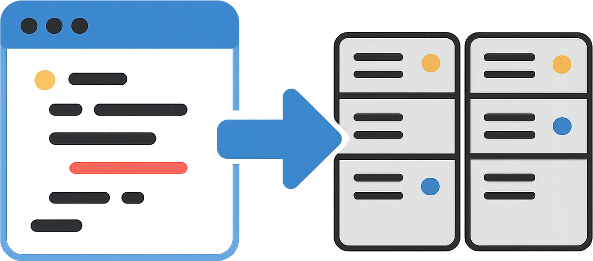 Illustration: Code-Fenster mit Pfeil zu Server-Racks