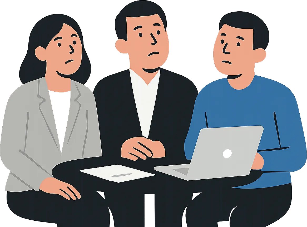 Illustration: drei nachdenkliche Manager an einem Besprechungstisch