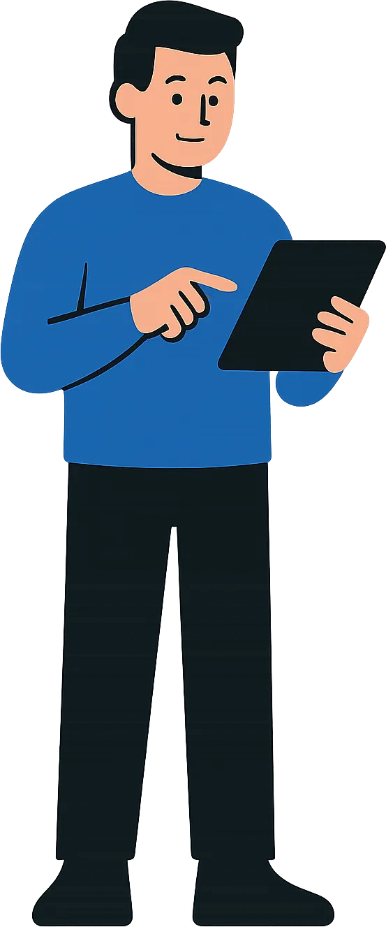 Illustration: IT-Betriebsberater in Blau mit Tablet