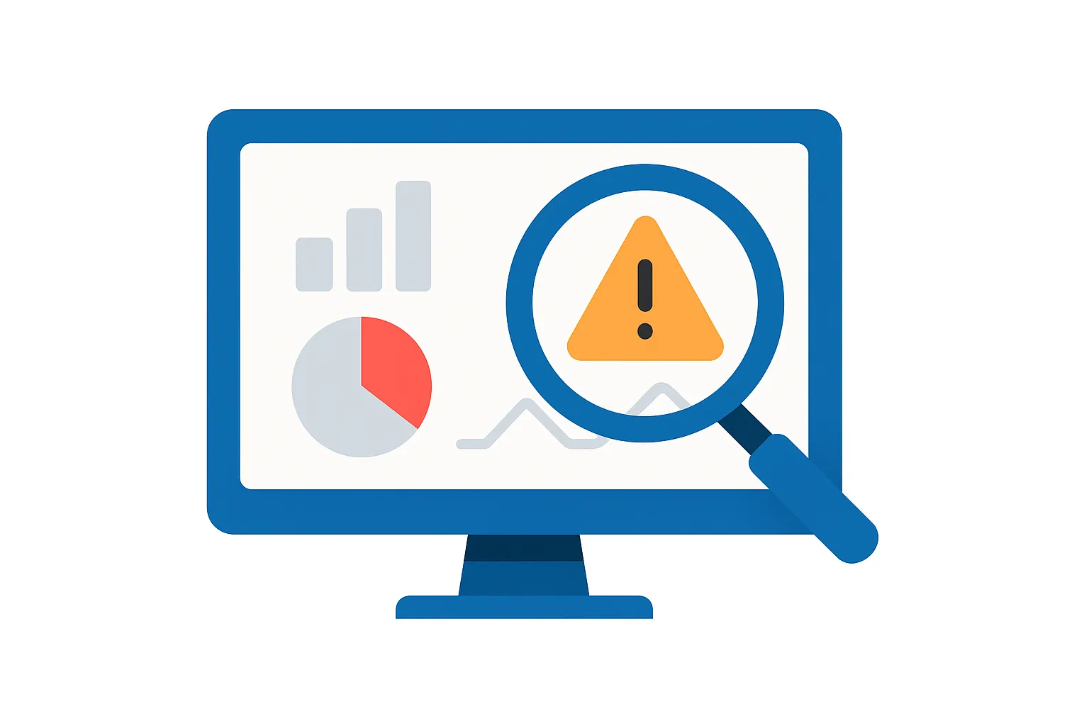 Illustration: Person untersucht eine Dashboard-Wand mit Lupe, ein Panel zeigt einen Alarm
